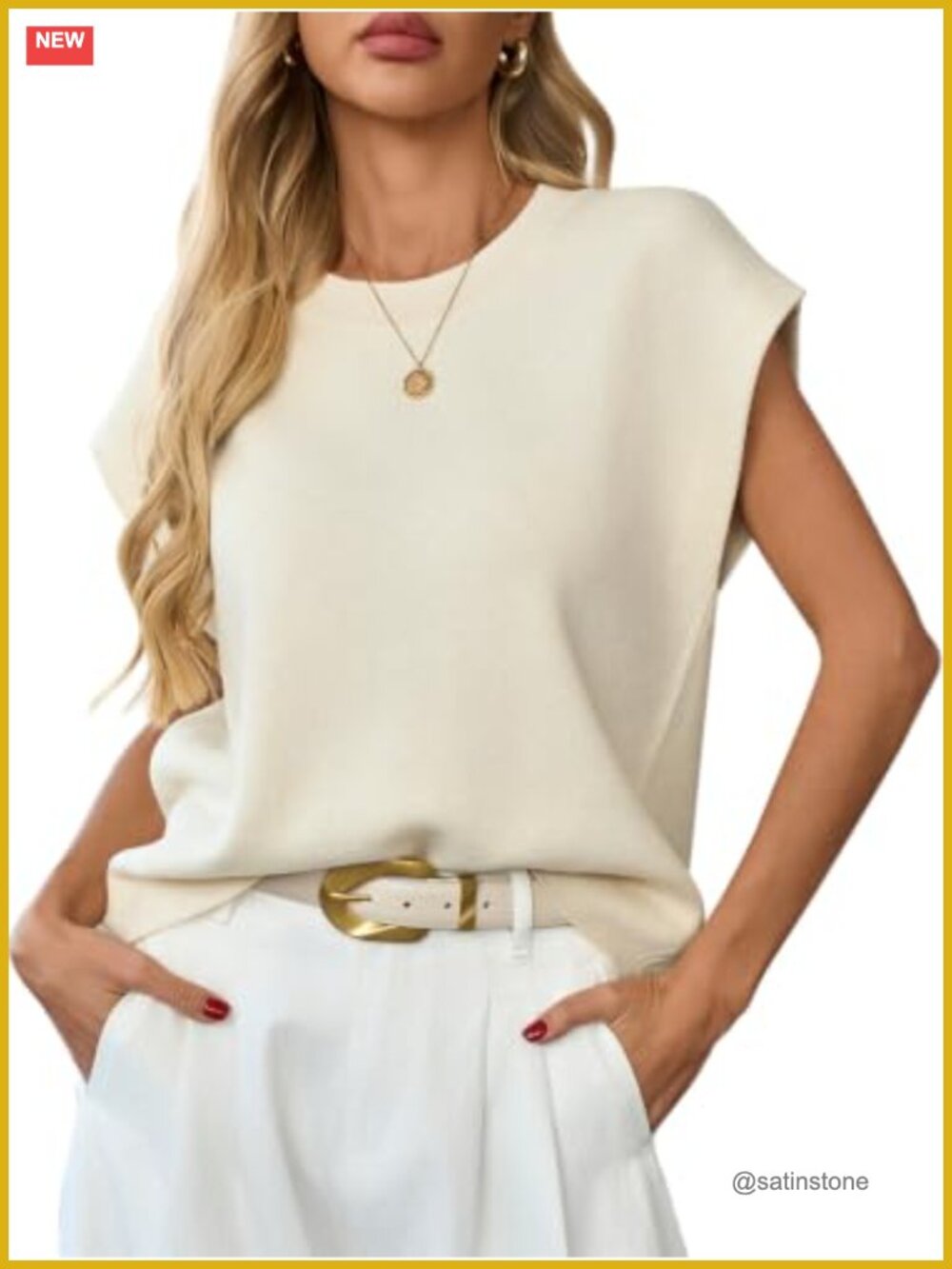 Cap Sleeve Sweater Vest Crew Neck Ribbed Knit Business Casual Top
